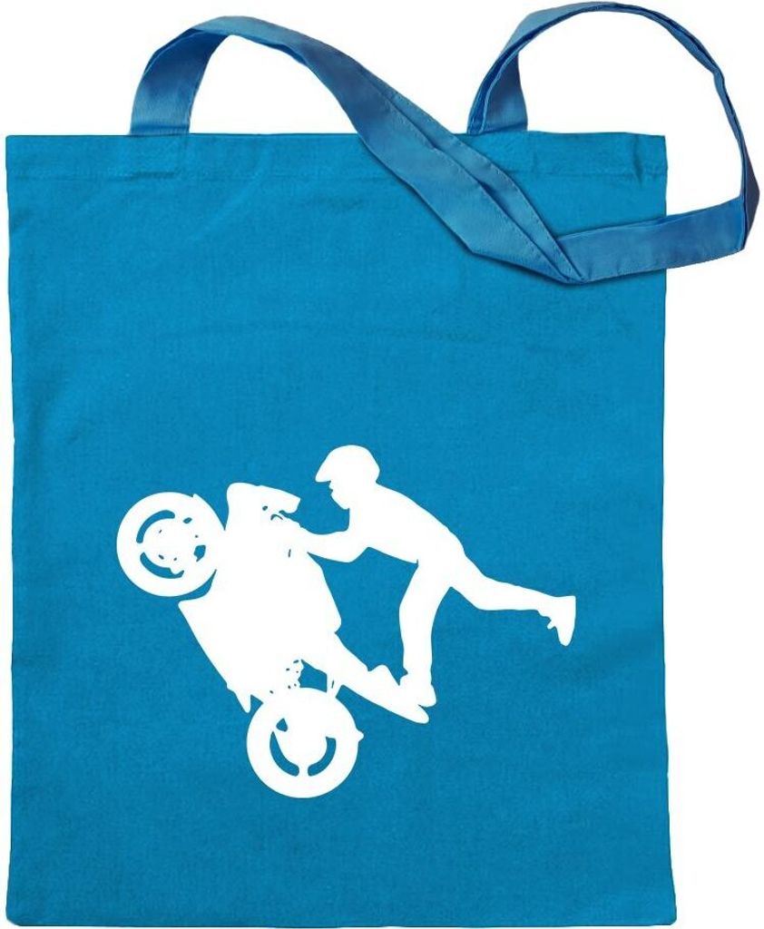 Kiwistar - Baumwolltasche - hellblau - Motorradfahrer - Rennmaschine - Tragetasche Stoffbeutel Umhängetasche langer Henkel