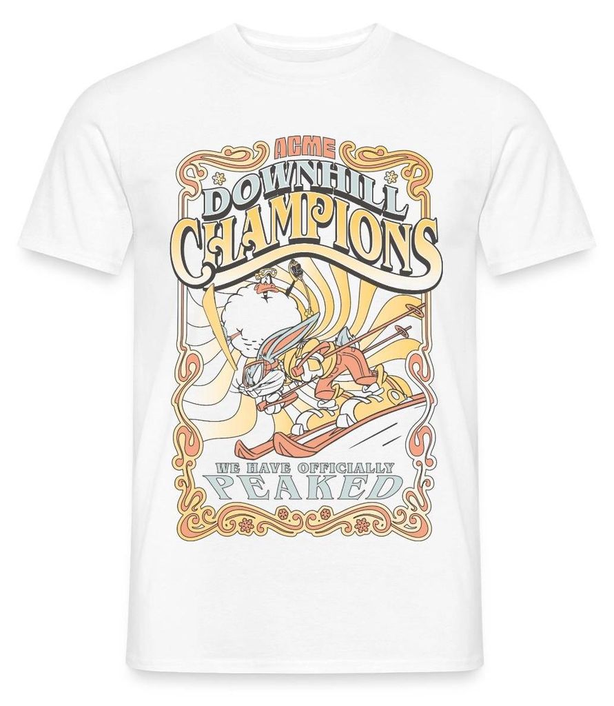 Spreadshirt Looney Tunes Bugs Bunny Downhill Champions Ski Männer T-Shirt, XXL, Weiß