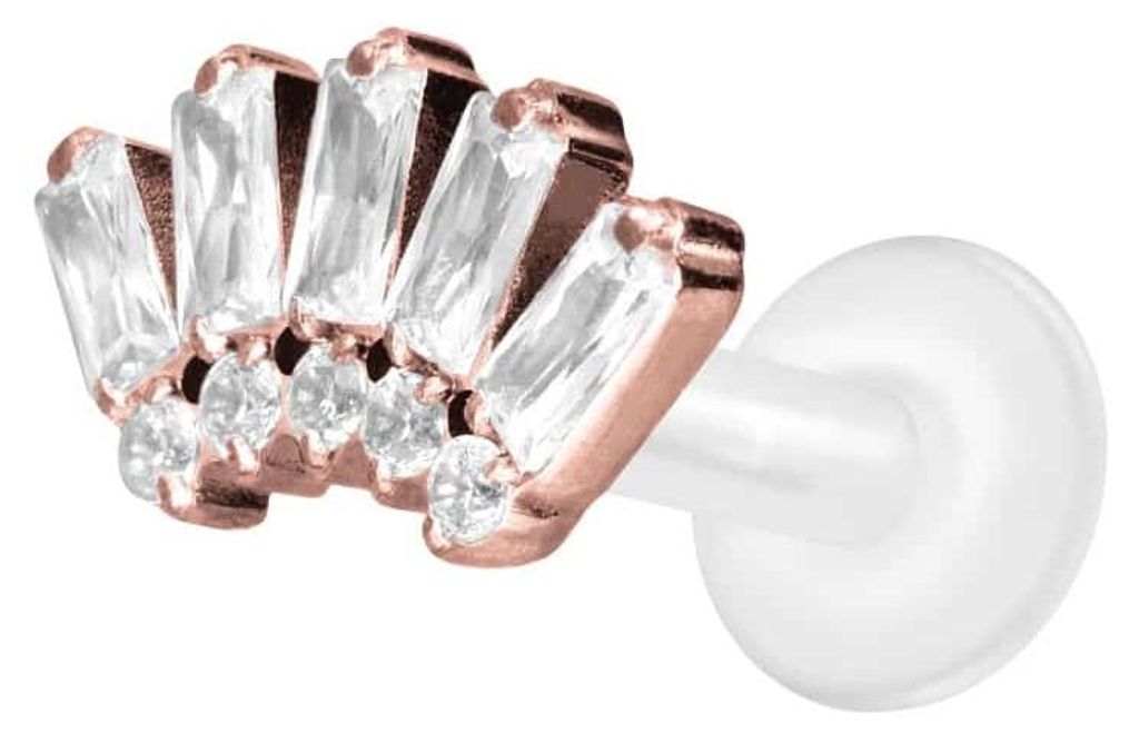 Ohrpiercing, Nasenpiercing PTFE Labret mit Innengewinde + Titan-Aufsatz 10 EINGEFASSTE KRISTALLE RoséGold Stablänge: 7mm | Stabstärke: 1,6mm