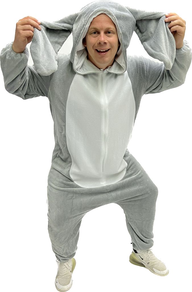 A person wearing a grey bunny costume.