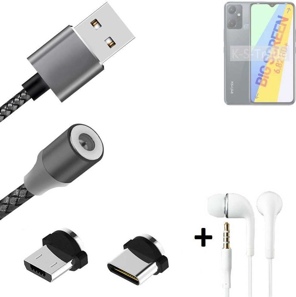 K-S-Trade Hochwertiges Magnet-Lade-kabel Sync-Kabel Daten-Kabel + Kopfhörer für Infinix Smart 6 Plus X6823C mit USB-Typ-C-Anschluss und
