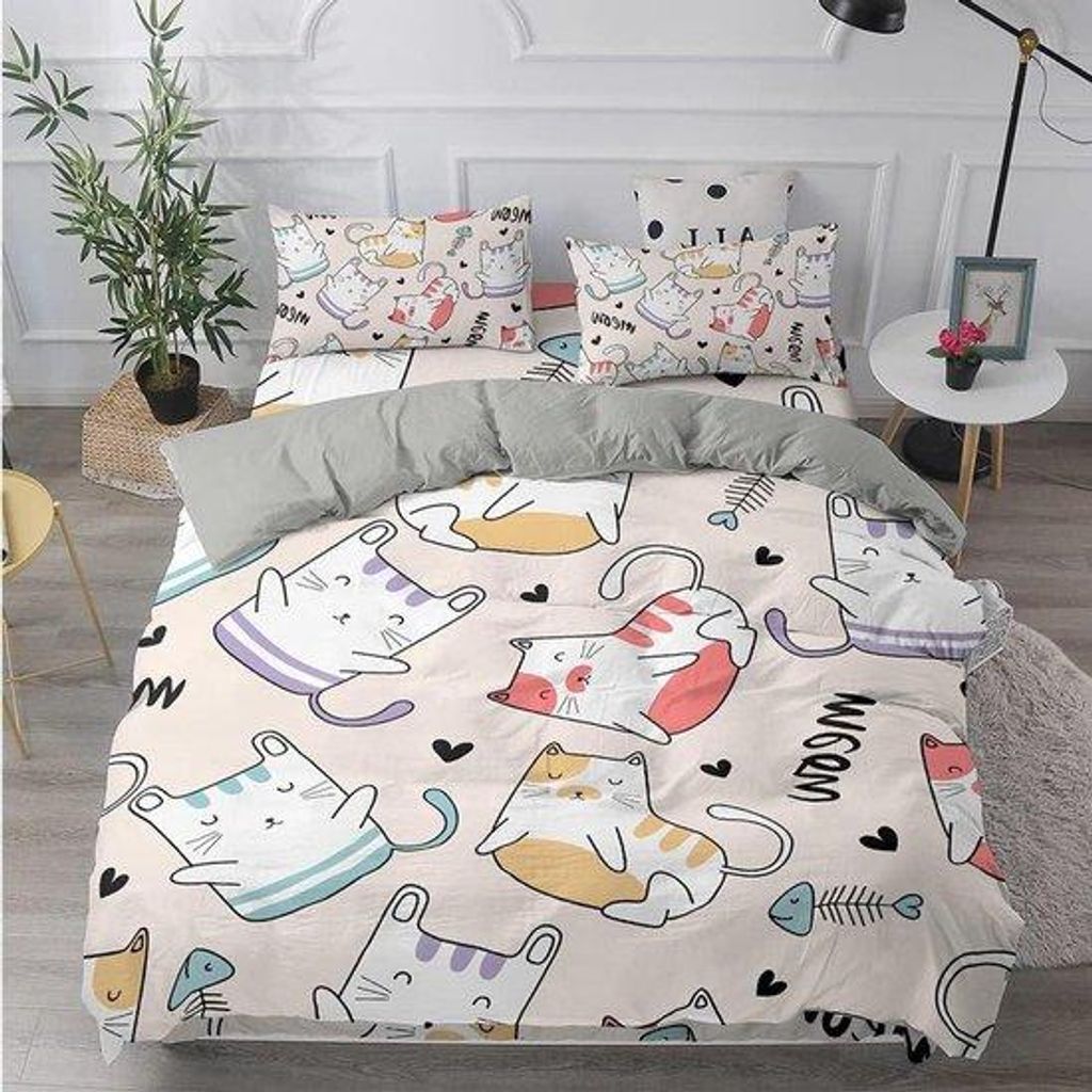 Kinderbettwäschekleidung Einzelbett - Beige/Grau - Cartoon-Muster - Mikrofaser - Pflegeleicht
