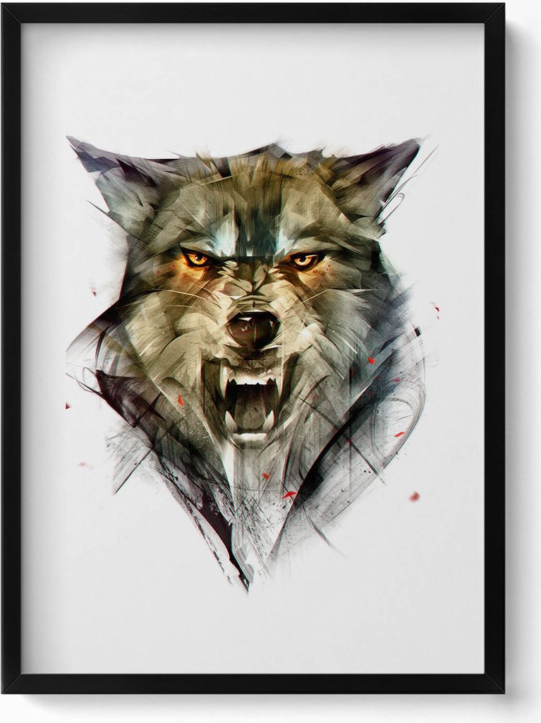 Gezeichnetes Porträt eines Wolfs– Wandbild mit Rahmen – Gerahmtes Bild – Wanddekoration – 50x70 cm – Schwarz Rahmen