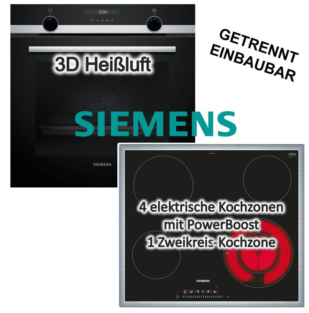 Herdset Siemens Einbaubackofen 3D Heißluft Hydrolyse Pizzastufe + Elektrokochfeld Booster Zweikreiszone