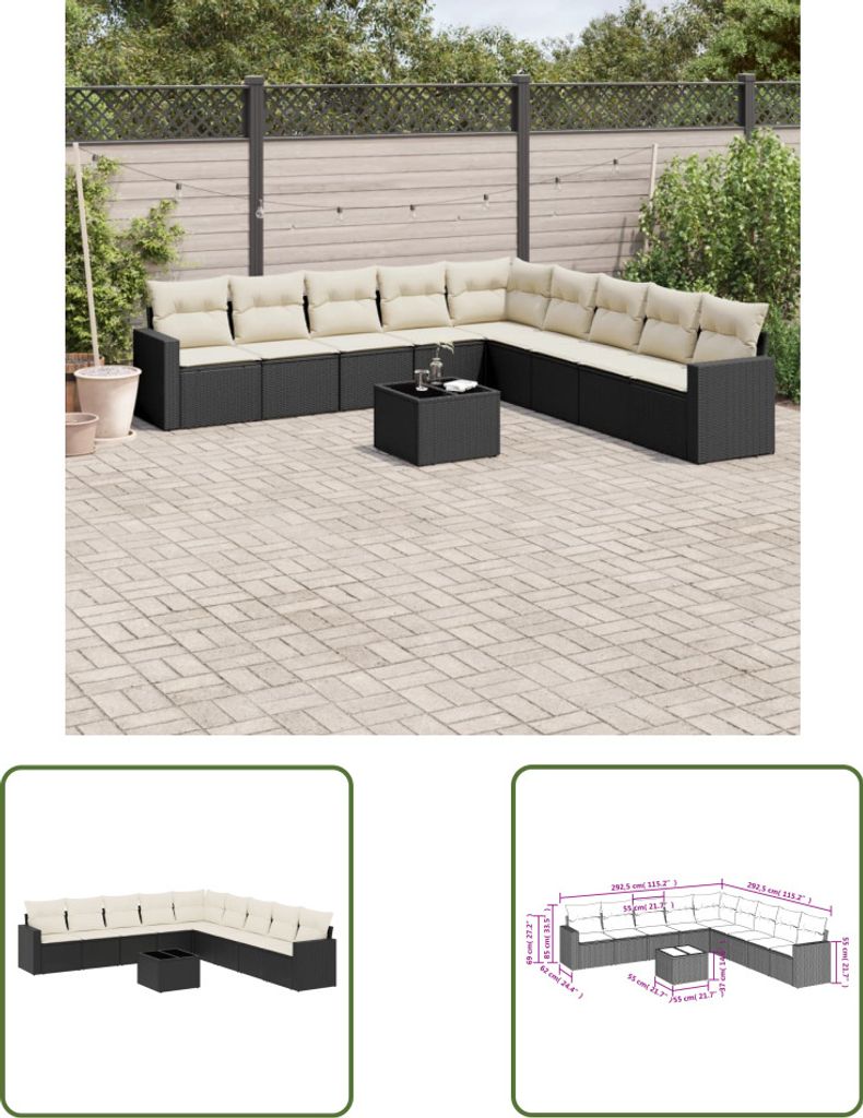 The Living Store 10-tlg. Garten-Sofagarnitur mit Kissen Schwarz Poly Rattan