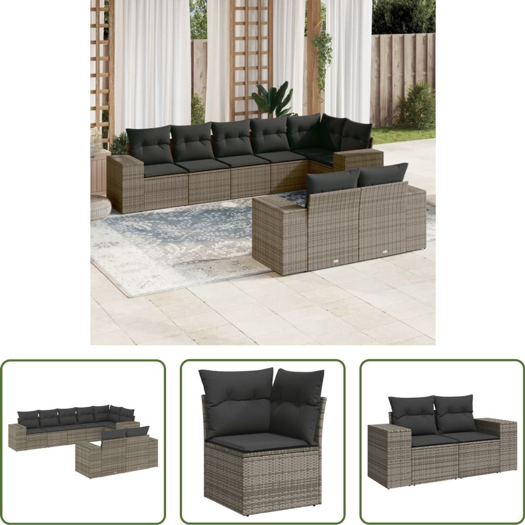 The Living Store 8-tlg. Garten-Sofagarnitur mit Kissen Grau Poly Rattan
