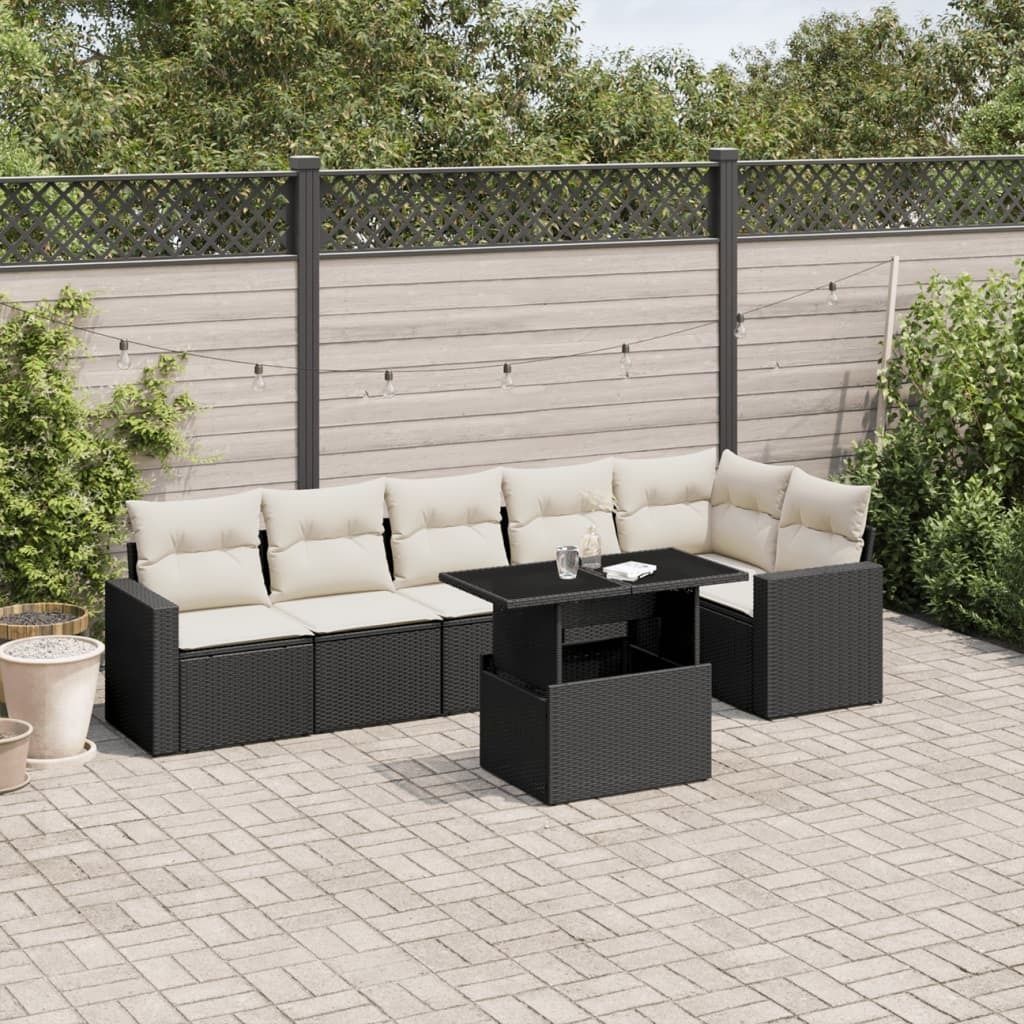 "2026 Promotion" 7-tlg. Garten-Sofagarnitur/Terrassenmöbel - mit Kissen - Schwarz Poly Rattan - Gartenmöbelset CC13125