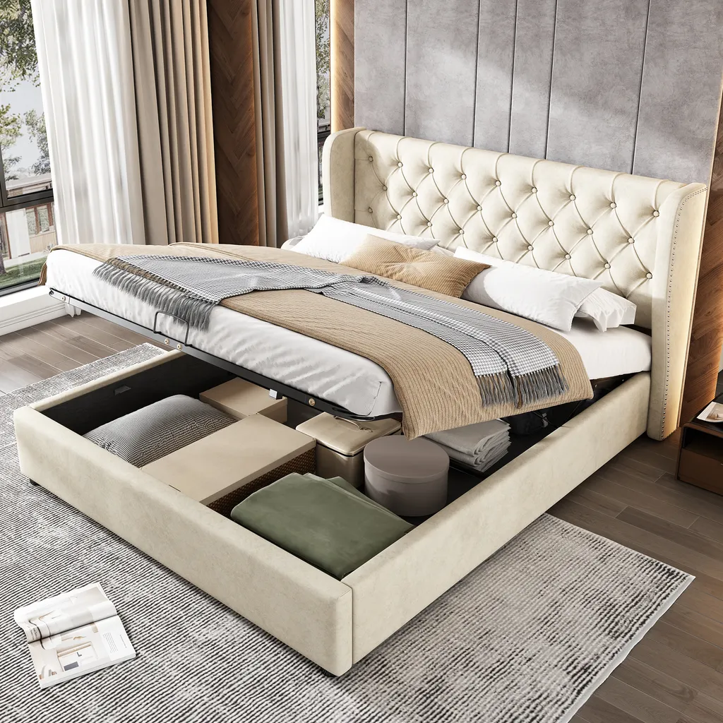 Lit double 140x200cm en velours beige avec rangement hydraulique Flieks