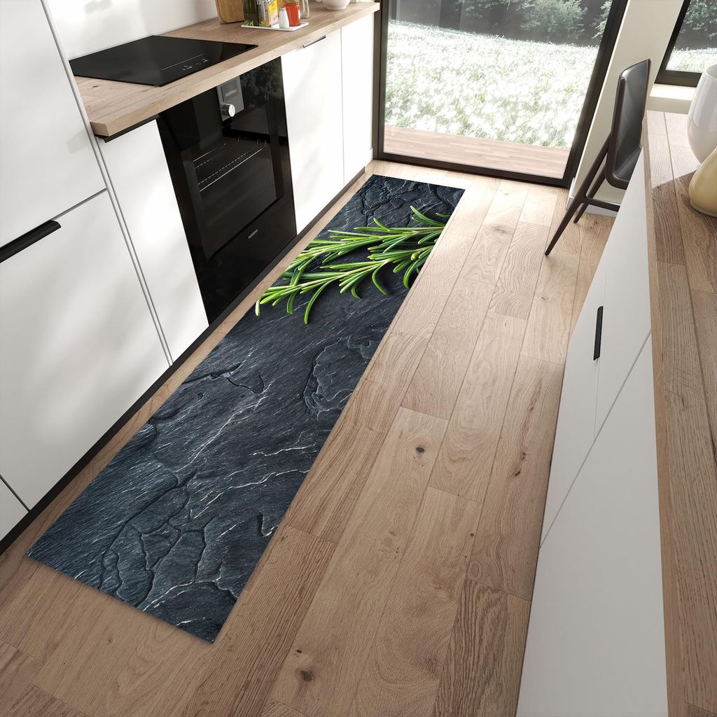 Küchenteppich 60x270cm rutschfest & abwischbar PVC Läufer - Rosmarinzweig Slate