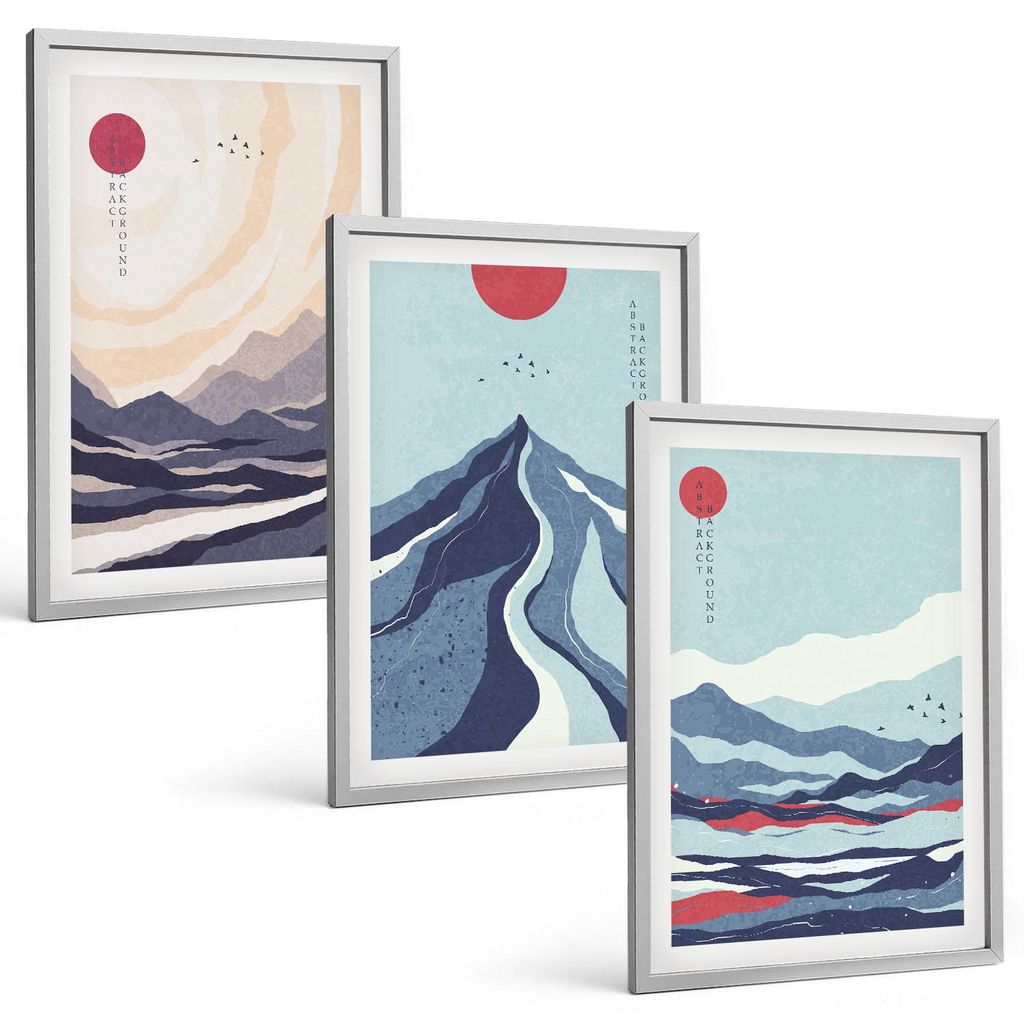 Bilder Set 3-teilig im silbergerahmten Rahmen – Wandbilder 3 Stück – gerahmte Poster für Wohnzimmer, Schlafzimmer und Flur – 40x60 cm – A...
