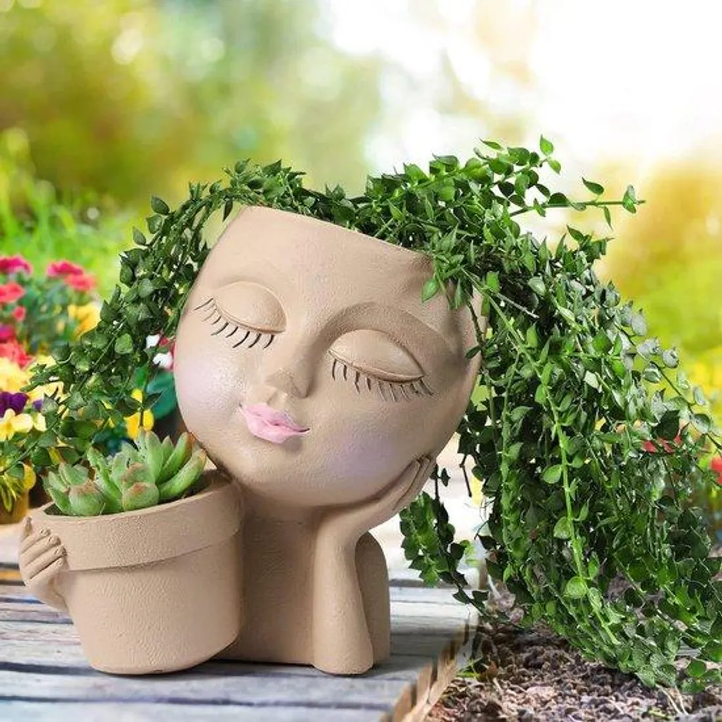 Cache-pot visage avec deux compartiments design artistique 18cm gris
