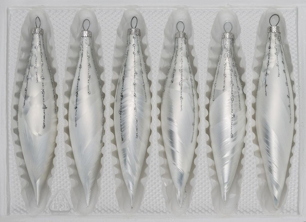 6 tlg. Glas-Zapfen Set in Ice Weiss Silber Regen Produktbild 