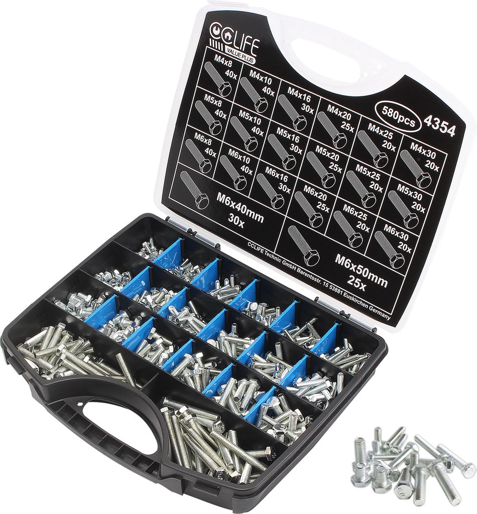 CCLIFE 580tlg Sechskantschrauben Set M4 M5 M6, 8-50mm, DIN 933 Verzinkt Sechskant Schrauben Vollgewinde