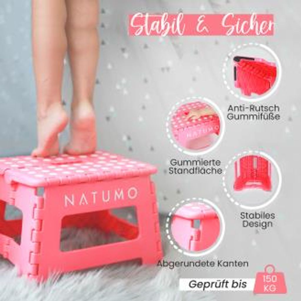 Faltbar Küchenhocker Pink NATUMO® Premium Tritthocker Klapphocker 150kg 
