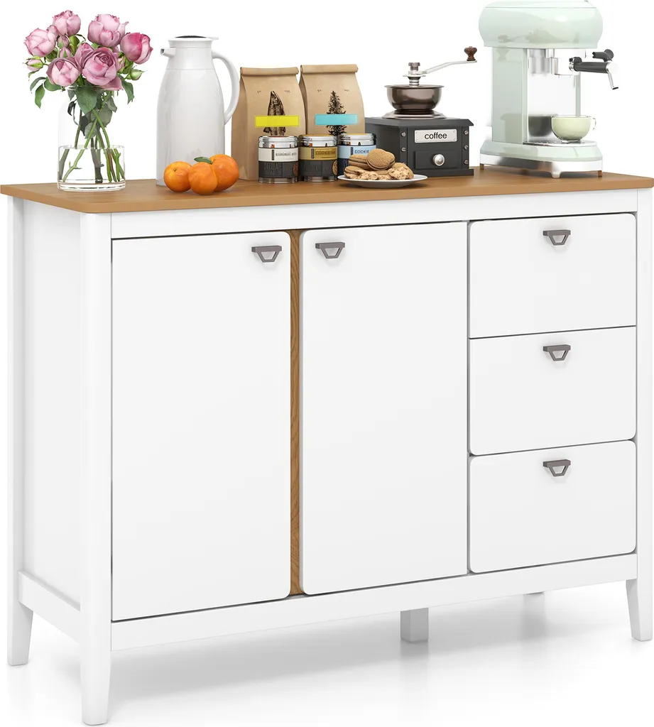 COSTWAY Armoire Buffet 2 Portes et 3 Tiroirs Coulissants en Bois Blanc
