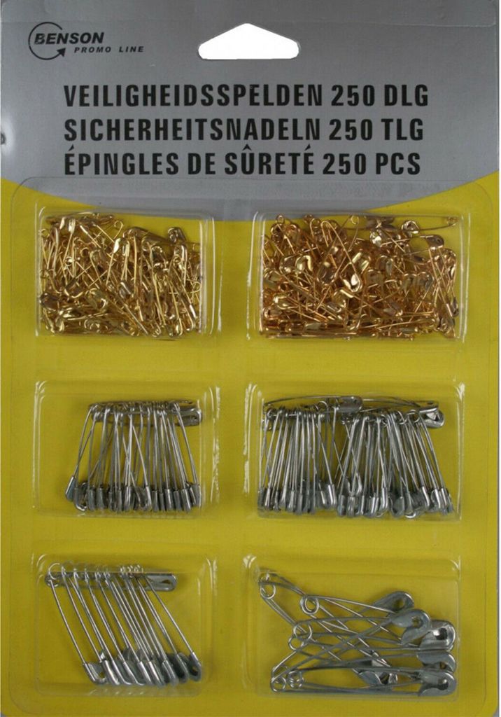 Sicherheitsnadeln 250 Stück 6 Größen Goldfarben und Silber Produktbild 