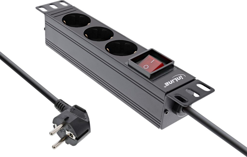 InLine 10" Steckdosenleiste, 3-fach Schutzkontakt, mit Schalter, 2m, schwarz