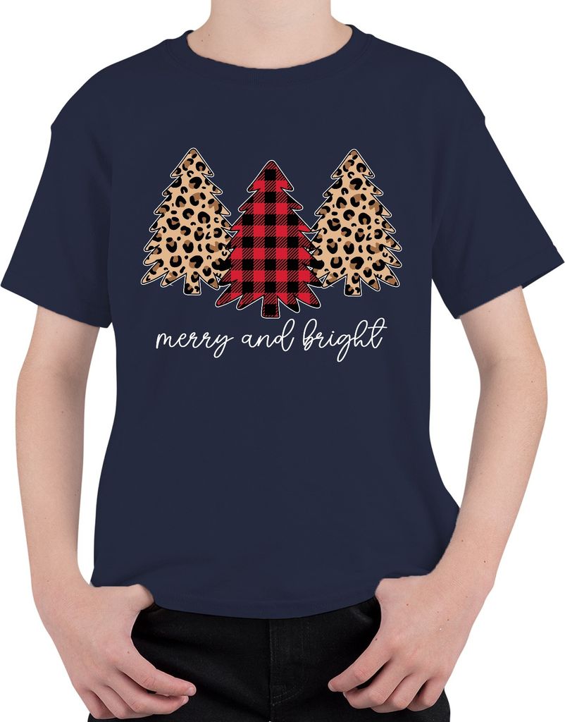 Merry and bright Tannenbaum Kariert - Weihnachten Weihnachtsgeschenk Christmas Uni Kinder T-Shirt, Navy, 140