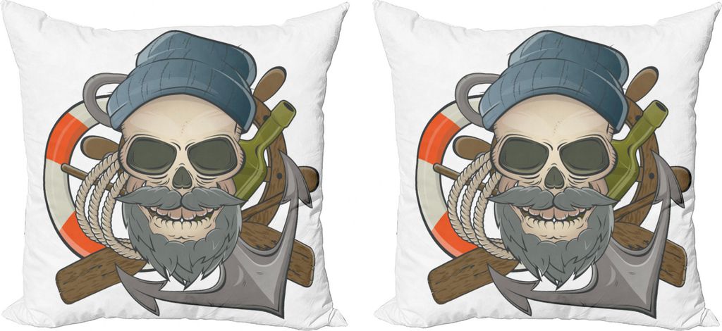 ABAKUHAUS Schädel Kissenbezug Set (2Stück), Seemann Schädel Nautical, doppelseitiges Digitaldruckdekor mit Reißverschluss, 50 cm, Mehrfarbig