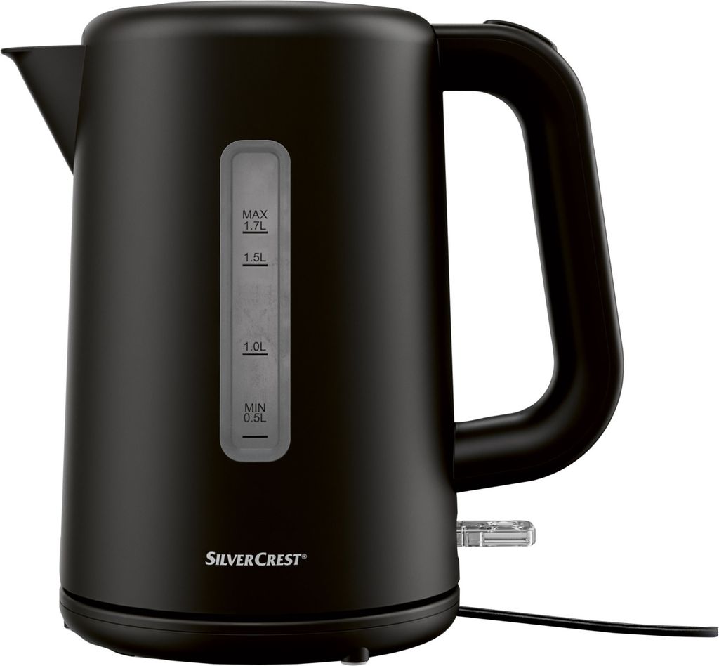 A black electric kettle is shown against a white background.