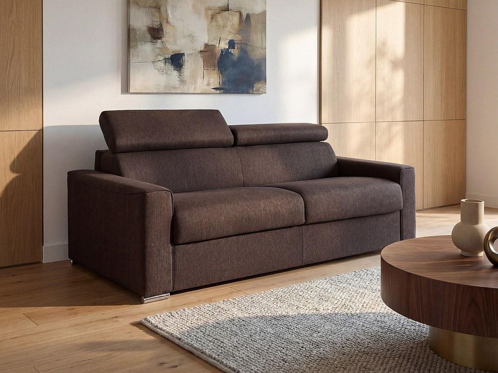 3-Sitzer-Schlafsofa Express aus braunem Stoff mit Memory-Schaum-Sitz - Schlaffläche mit breiten Latten 140 cm - 14 cm Memory-Schaum-Matratze VIZIR