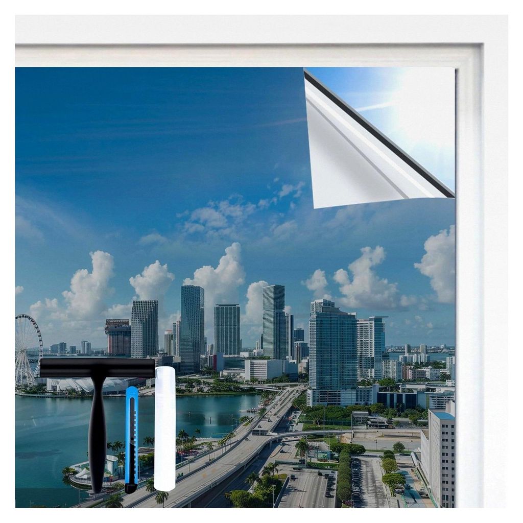 Fenster-Spiegelfolie Sichtschutz 75x199cm mit Montagewerkzeug, Einseitige Fensterfolie blickdicht von außen, Silber, Sonnenschutzfolie für Innen,...