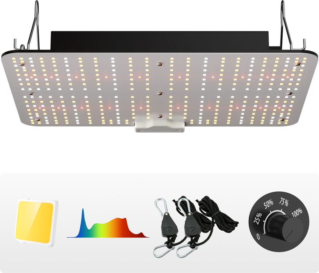 A grow light and its accessories are displayed against a white background.