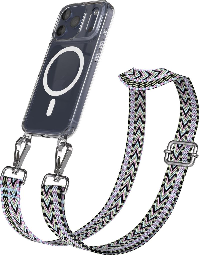 EAZY CASE - Handykette mit MagSafe Hülle für Apple iPhone 17 Pro, Handyband ZigZag Style, Karabiner Silber, Umhängeband in Lila