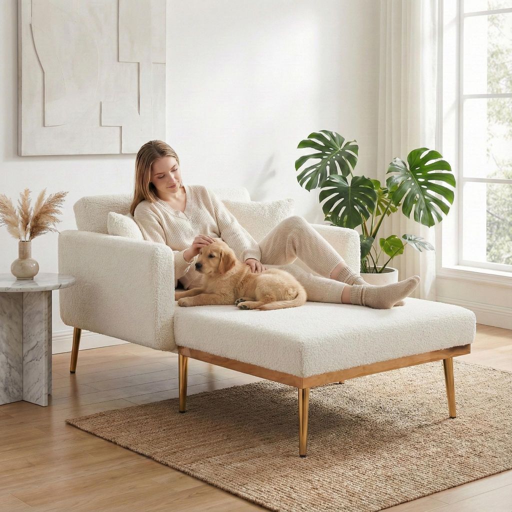 LVHOM Klappsofa mit Schlaffunktion, Schlafsofa Teddyplüsch mit goldenen Metallbeine, Klappbett Bettsofa Bettcouch, Chaiselongue, Weiß