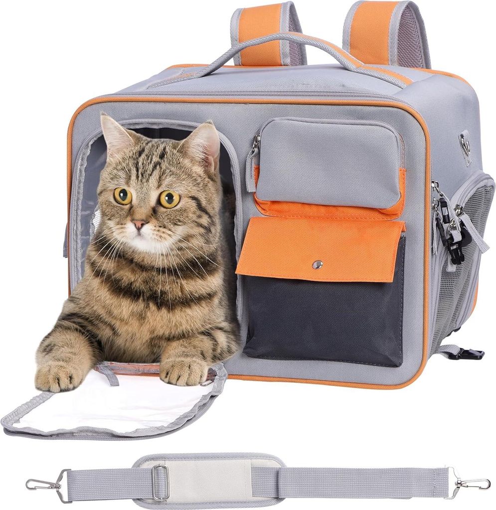 Katzenreisetasche Rucksack - Ideal für Flugzeuge - 40 x 30 x 25 cm - Bis 7,5 kg - Tragbare Reisetasche für Katzen und kleine Hunde - Grau und Orange