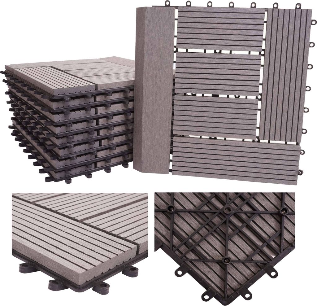 WPC Bodenfliese Sarthe + Abschluss, Holzoptik Balkon/Terrasse, 11x je 30x30cm = 1qm Premium grau versetzt