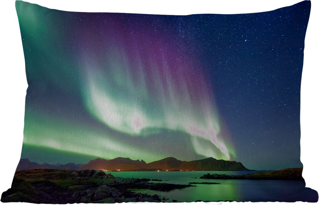 MuchoWow Outdoor Kissen - Nordlicht - Grün - Lila - Sternenhimmel - See - Berg - 50x30 cm - Wetterfest - Lounge Kissen - Sofa kissen - Wohnzimme...