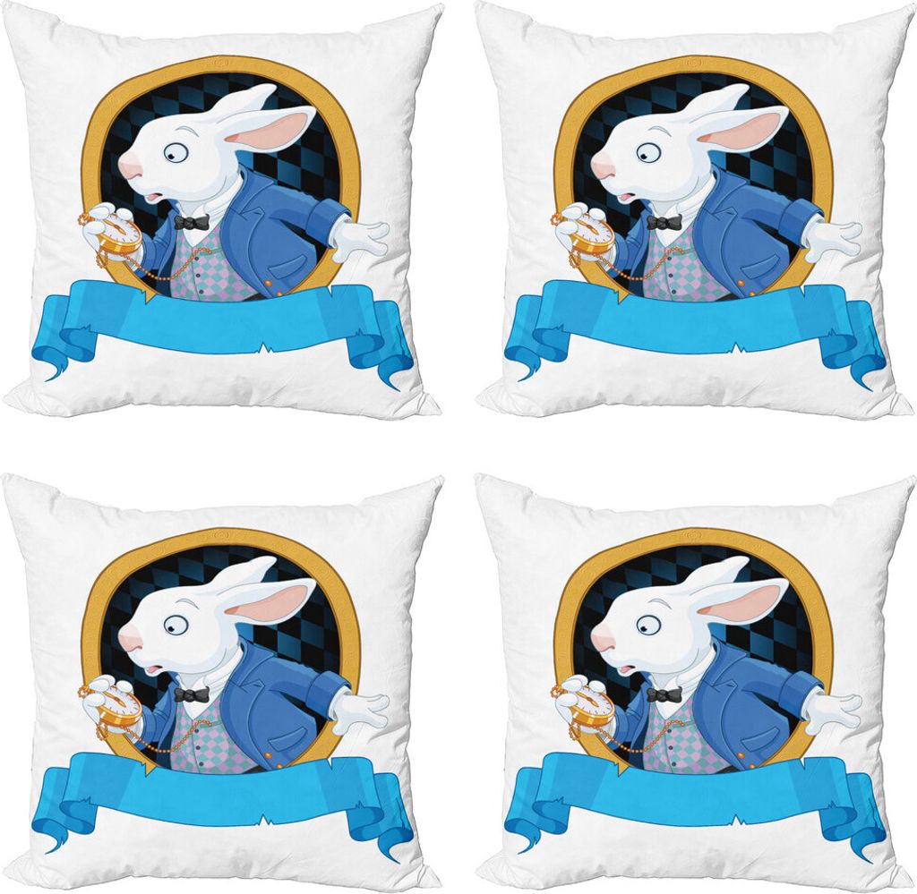 ABAKUHAUS Alice im Wunderland Kissenbezug Set (4 Stück), Hase, Moderner Doppelseitiger Digitaldruck, 40 cm x 40 cm, Blau Weiß Erde Gelb