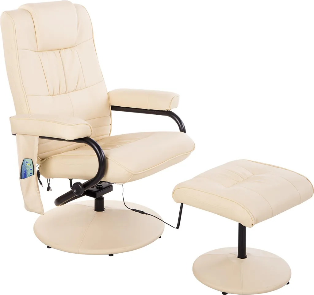 Fauteuil relax massant et pivotant en simili cuir beige avec pouf
