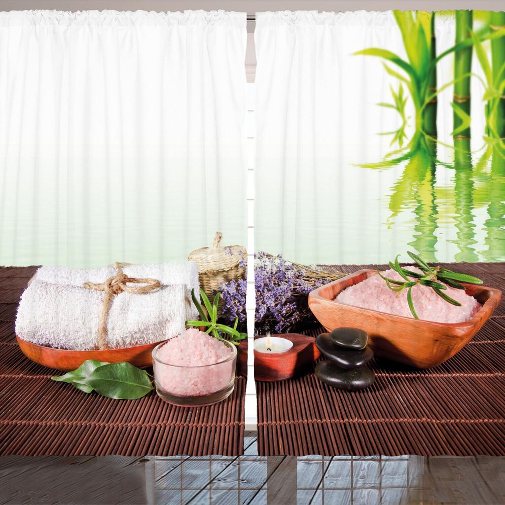 ARANDE Spa Gardine, Bambus Hintergrund mit Handtuch Blumen Candled und Zen Hot Massage Stones, 280 x 245 cm, Braun Grün Weiß