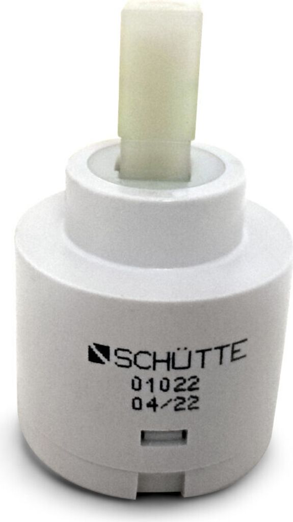 A white ceramic cartridge for a faucet is shown against a white background.