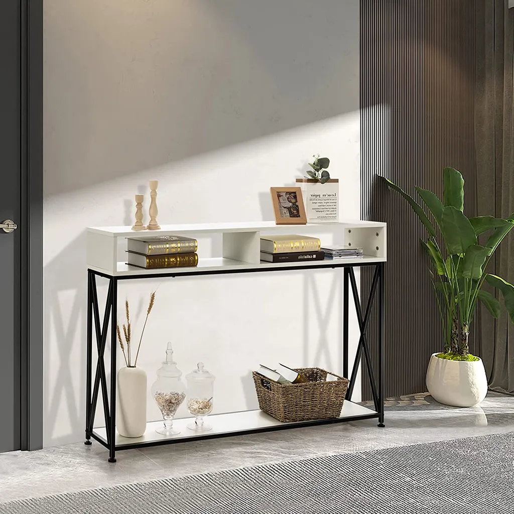 Table console 120cm robuste en acier avec rangement ouvert blanc mat - 2