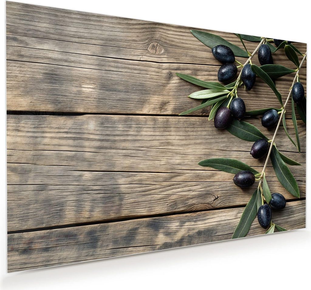Glasbild 75x50cm in XXL für Wohnzimmer, Schlafzimmer Motiv Holztisch mit Oliven