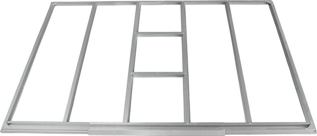 A metal frame for a shed or greenhouse.