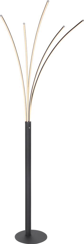 A modern floor lamp with a black base and stem, and multiple curved arms emitting light.