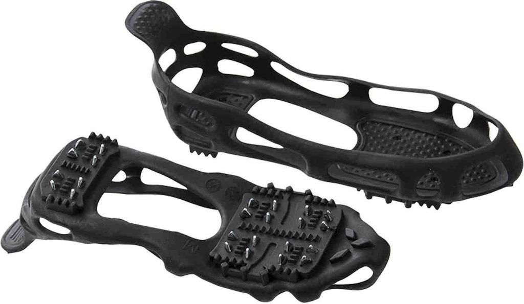 A pair of black overshoes with metal spikes for traction on ice and snow, shown against a white background.