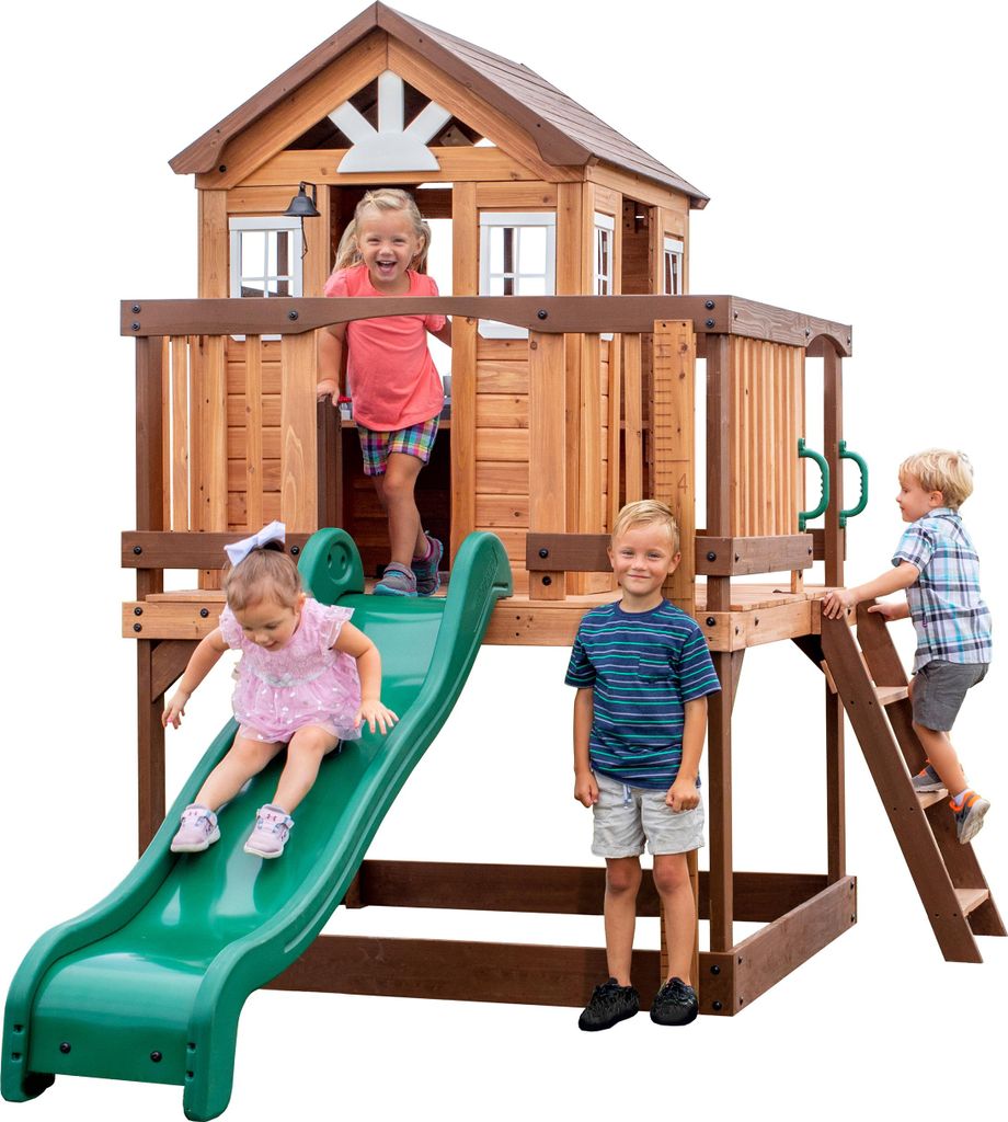 Backyard Discovery Spielhaus Echo Heights mit grüner Rutsche, Sandkasten & Veranda | Stelzenhaus in Braun aus Holz für Kinder | Spielturm für de...