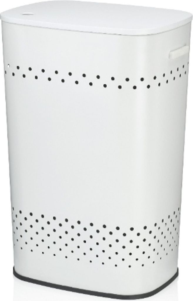 A white laundry basket with a lid and a black base.