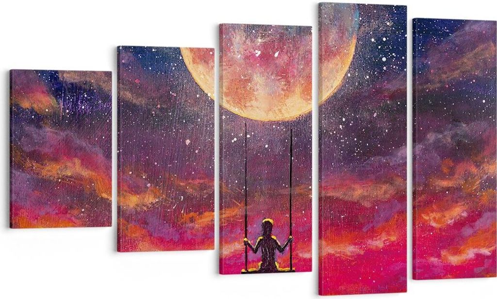 Bild auf Leinwand - Leinwandbild - 5 Teile - Mond Schaukel Frau - 100x60cm - Wand Bild - Wanddeko - Wandbilder - Leinwanddruck - Bilder - Wanddekor...