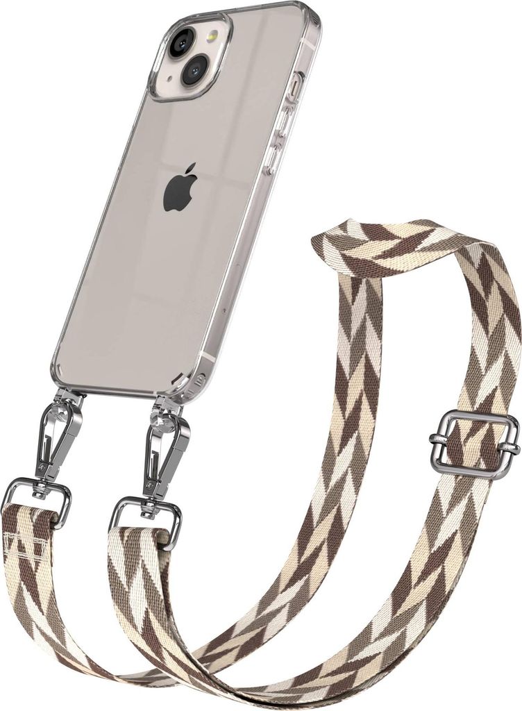EAZY CASE Handykette - Verstellbarer Trageriemen kompatibel mit Apple iPhone 13, Handykordel mit transparenter Silikon-Hülle, Karabiner Silber, Mi...