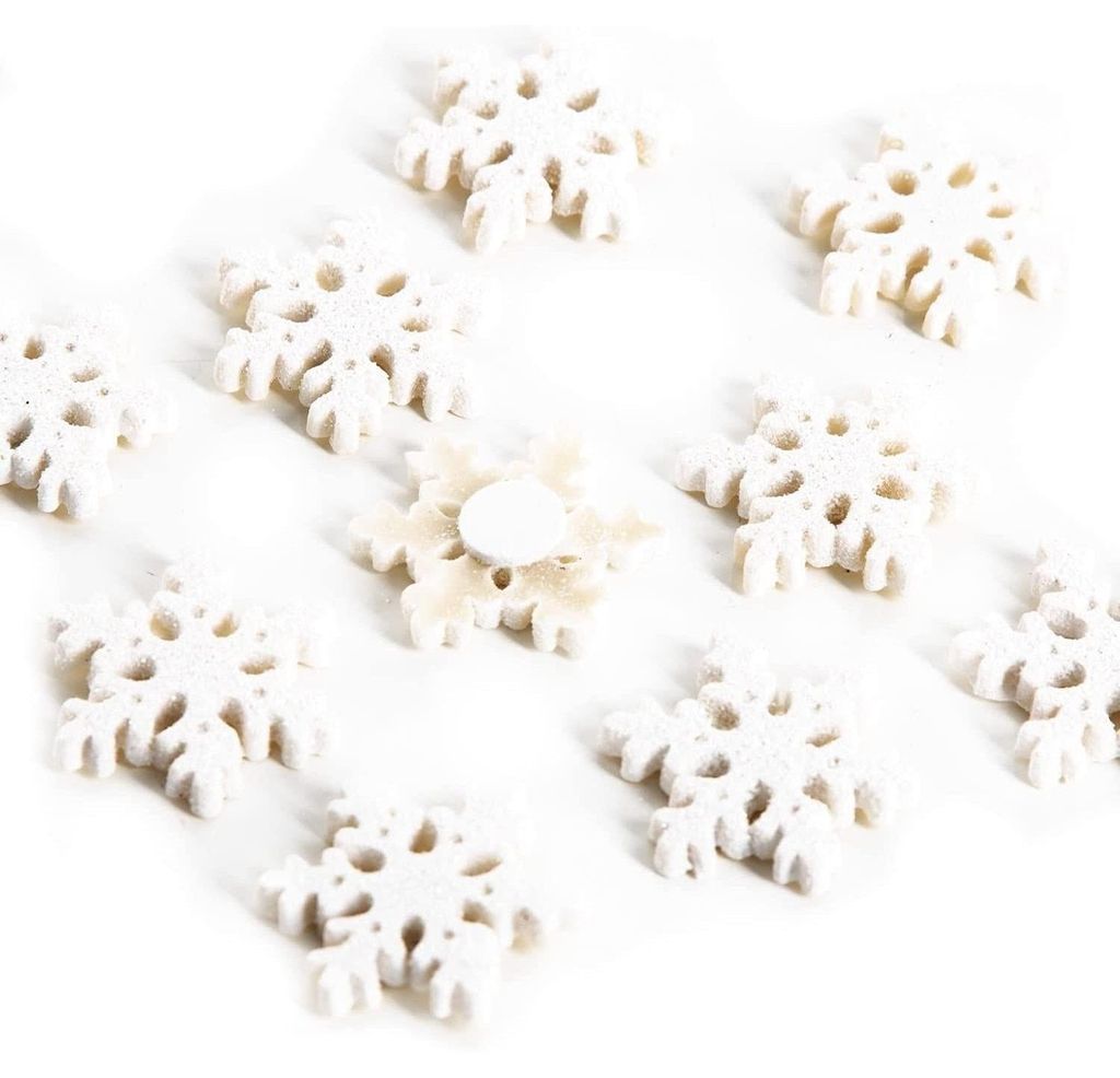 10 Schneeflocken Streuteile weiß glitzernd mit Klebepunkt Produktbild 