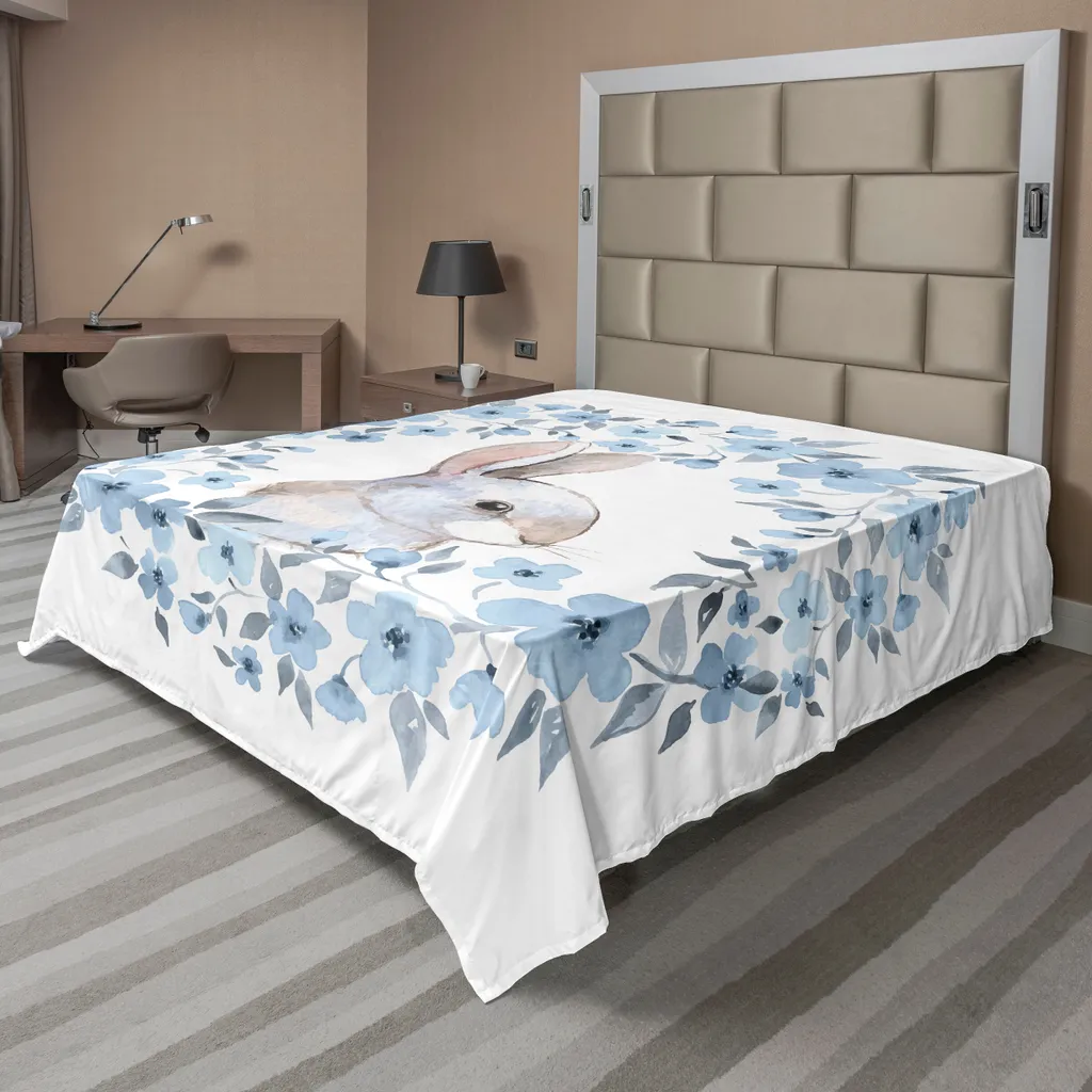 Drap plat ABAKUHAUS aquarelle fleurs et lapin 260x228 cm bleu et gris