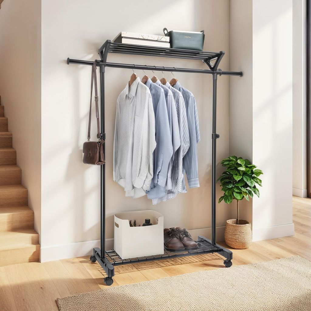 Garderobenwagen VIDA höhenverstellbar, schwarz - Kleiderstange auf Rollen, Garderobe mit Schuhablage und Hutablage für Schlafzimmer Ankleidezimmer