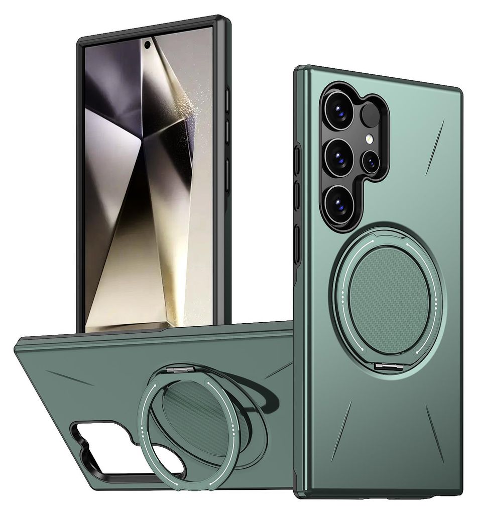 Magnetisch Hülle für Samsung Galaxy S24 Ultra, Stoßfeste Weich TPU und Hard PC Schutzhülle mit Ringhalter Ständer Grün
