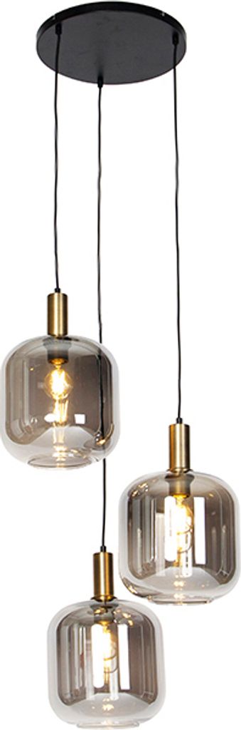 QAZQA - Design Hängelampe I Pendellampe I Pendelleuchte schwarz mit Gold I Messing mit Rauchglas 3-flammig - Zuzanna I Wohnzimmer I Schlafzimmer - Rund - LED geeignet E27